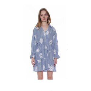 Gracia Floral Embroidered Stripped Ruffle Hem Mini Dress Blue White Sz.M